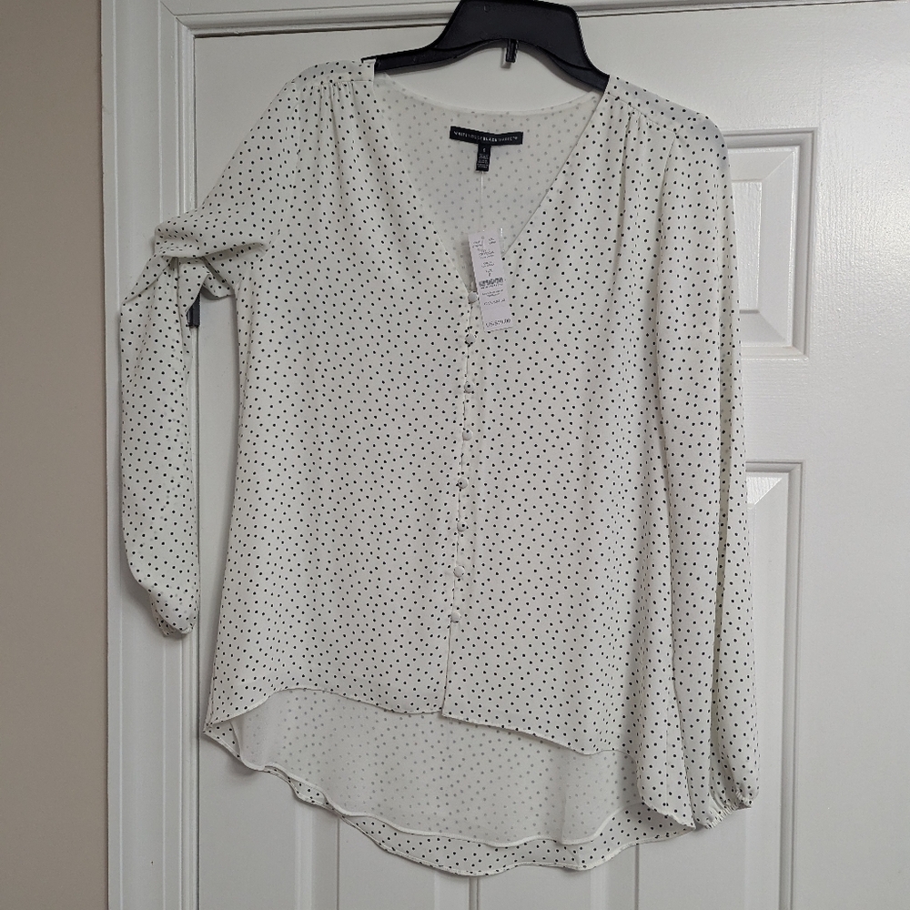 White House Black Market V-Neck Blouse with Black Polka Dots